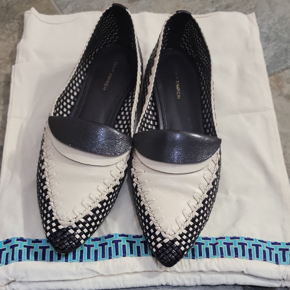 Tory Burch Black and Cream Woven Leather Pointed Flats